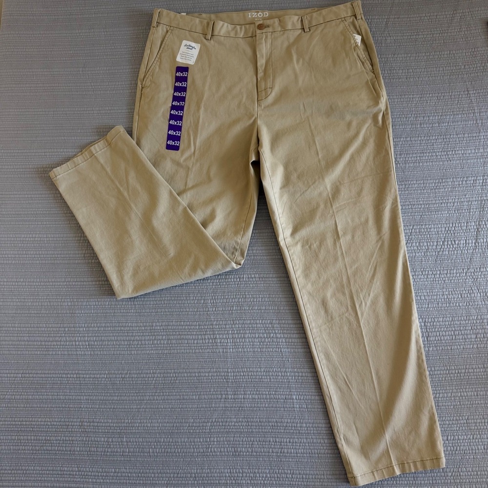 IZOD Mens Saltwater Wash Stretch Chino Pants 40x32 Khaki Tan Straight Sportflex